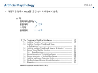Artificial Psychology 분야 소개
AI 가
인지하다(알다)
판단하다
느끼다
관계맺다
<Artificial cognition architectures>의 목차.
인지
사회
• 개괄적인 연구의 focus들 (인간 심리학 측면에서 분류)
 