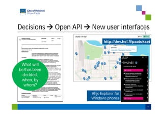 Decisions Open API New user interfaces
13
What will
be/has been
decided,
when, by
whom?
Ahjo Explorer for
Windows phones
http://dev.hel.fi/paatokset
 