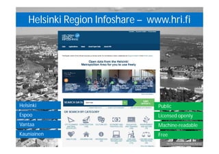 Tanja Lahti 7The City of Helsinki Media Bank/SkyFoto
Helsinki Region Infoshare – www.hri.fi
Licensed openly
Machine-readable
Free
Public
Espoo
Vantaa
Kauniainen
Helsinki
 