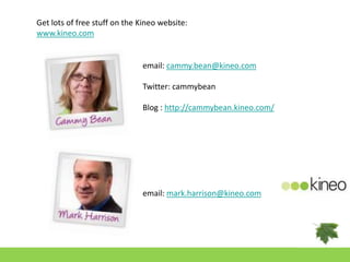 Get lots of free stuff on the Kineo website:
www.kineo.com


                              email: cammy.bean@kineo.com

                              Twitter: cammybean

                              Blog : http://cammybean.kineo.com/




                              email: mark.harrison@kineo.com
 