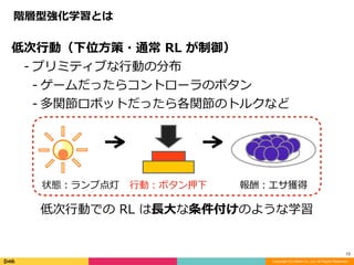 Copyright (C) DeNA Co.,Ltd. All Rights Reserved.
13
階層型強化学習とは
低次⾏動（下位⽅策・通常	RL	が制御）	
- プリミティブな⾏動の分布	
- ゲームだったらコントローラのボタン	
- 多関節ロボットだったら各関節のトルクなど	
⾼次⾏動（スキル・オプション，上位⽅策が制御）⽬的論
的な⾏動，⾏動系列の抽象化	
- 「鍵を取りに⾏く」「⿂を取る」	
- 「⾛る」「⾼いところに移動する」	
低次⾏動での	RL	は⻑⼤な条件付けのような学習	
⼈間的には低次⾏動	→	⾼次⾏動に以降するのが⾃然
状態：ランプ点灯 ⾏動：ボタン押下 報酬：エサ獲得
 