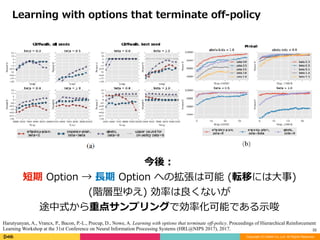 Copyright (C) DeNA Co.,Ltd. All Rights Reserved.
32
Learning	with	options	that	terminate	oﬀ-policy
今後：	
短期	Option	→	⻑期	Option	への拡張は可能	(転移には⼤事)	
(階層型ゆえ)	効率は良くないが	
途中式から重点サンプリングで効率化可能である⽰唆
Harutyunyan, A., Vrancx, P., Bacon, P.-L., Precup, D., Nowe, A. Learning with options that terminate off-policy. Proceedings of Hierarchical Reinforcement
Learning Workshop at the 31st Conference on Neural Information Processing Systems (HRL@NIPS 2017), 2017.
 