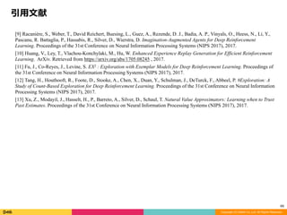 引⽤⽂献	
Copyright (C) DeNA Co.,Ltd. All Rights Reserved.
68
[9] Racanière, S., Weber, T., David Reichert, Buesing, L., Guez, A., Rezende, D. J., Badia, A. P., Vinyals, O., Heess, N., Li, Y.,
Pascanu, R. Battaglia, P., Hassabis, R., Silver, D., Wierstra, D. Imagination-Augmented Agents for Deep Reinforcement
Learning. Proceedings of the 31st Conference on Neural Information Processing Systems (NIPS 2017), 2017.
[10] Huang, V., Ley, T., Vlachou-Konchylaki, M., Hu, W. Enhanced Experience Replay Generation for Efficient Reinforcement
Learning. ArXiv. Retrieved from https://arxiv.org/abs/1705.08245 , 2017.
[11] Fu, J., Co-Reyes, J., Levine, S. EX2 : Exploration with Exemplar Models for Deep Reinforcement Learning. Proceedings of
the 31st Conference on Neural Information Processing Systems (NIPS 2017), 2017.
[12] Tang, H., Houthooft, R., Foote, D., Stooke, A., Chen, X., Duan, Y., Schulman, J., DeTurck, F., Abbeel, P. #Exploration: A
Study of Count-Based Exploration for Deep Reinforcement Learning. Proceedings of the 31st Conference on Neural Information
Processing Systems (NIPS 2017), 2017.
[13] Xu, Z., Modayil, J., Hasselt, H., P., Barreto, A., Silver, D., Schaul, T. Natural Value Approximators: Learning when to Trust
Past Estimates. Proceedings of the 31st Conference on Neural Information Processing Systems (NIPS 2017), 2017.
 