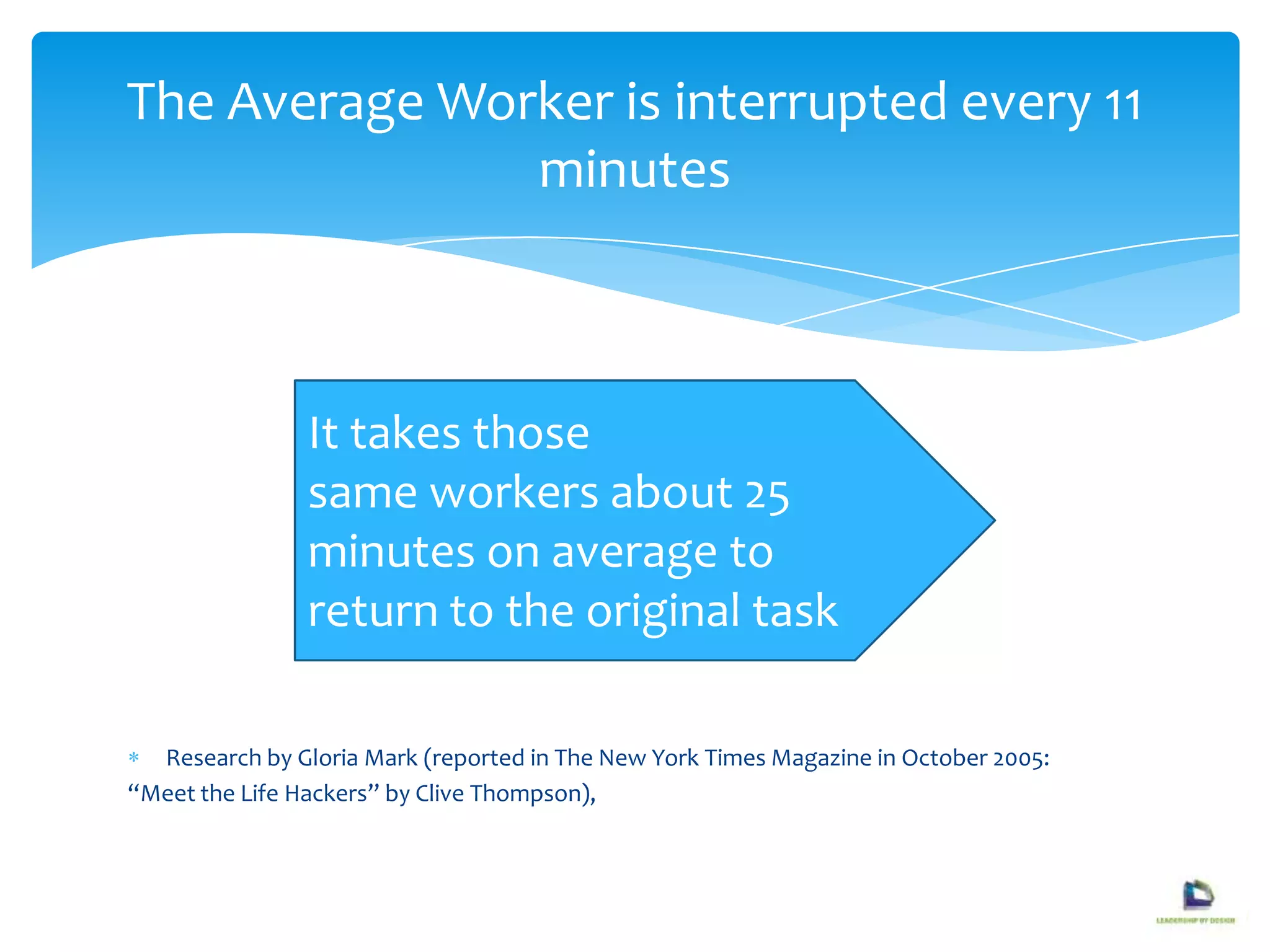 Research by Gloria Mark (reported in The New York Times Magazine in October 2005:
“Meet the Life Hackers” by Clive Thompson),
The Average Worker is interrupted every 11
minutes
It takes those
same workers about 25
minutes on average to
return to the original task
 