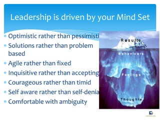 Optimistic rather than pessimistic
Solutions rather than problem
based
Agile rather than fixed
Inquisitive rather than accepting
Courageous rather than timid
Self aware rather than self-denial
Comfortable with ambiguity
Leadership is driven by your Mind Set
 
