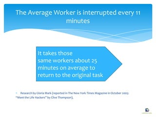 Research by Gloria Mark (reported in The New York Times Magazine in October 2005:
“Meet the Life Hackers” by Clive Thompson),
The Average Worker is interrupted every 11
minutes
It takes those
same workers about 25
minutes on average to
return to the original task
 