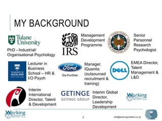 info@workingmatters.co.uk
MY BACKGROUND
2
PhD - Industrial/
Organisational Psychology
Management
Development
Programme
Senior
Personnel
Research
Psychologist
Lecturer in
Business
School – HR &
I/O Psych
Manager,
IQuentis
(outsourced
recruitment &
training)
EMEA Director,
Talent
Management &
L&D
Interim
International
Director, Talent
& Development
Interim Global
Director,
Leadership
Development
 