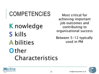 info@workingmatters.co.uk
COMPETENCIES
nowledge
kills
bilities
ther
Characteristics
23
Most critical for
achieving important
job outcomes and
contributing to
organisational success
Between 5-12 typically
used in PM
 