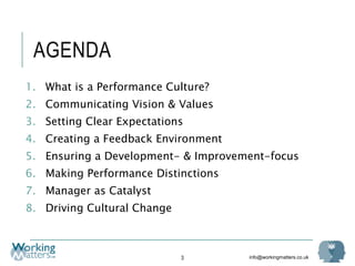 info@workingmatters.co.uk
AGENDA
1. What is a Performance Culture?
2. Communicating Vision & Values
3. Setting Clear Expectations
4. Creating a Feedback Environment
5. Ensuring a Development- & Improvement-focus
6. Making Performance Distinctions
7. Manager as Catalyst
8. Driving Cultural Change
3
 