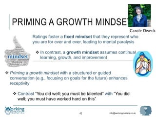 info@workingmatters.co.uk
PRIMING A GROWTH MINDSET
42
 Priming a growth mindset with a structured or guided
conversation (e.g., focusing on goals for the future) enhances
receptivity
 Contrast “You did well; you must be talented” with “You did
well; you must have worked hard on this”
 Ratings foster a fixed mindset that they represent who
you are for ever and ever, leading to mental paralysis
 In contrast, a growth mindset assumes continual
learning, growth, and improvement
Carole Dweck
 