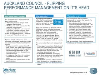 info@workingmatters.co.uk
AUCKLAND COUNCIL - FLIPPING
PERFORMANCE MANAGEMENT ON IT’S HEAD
What are we trying to achieve?
Why did we need a change?
The traditional annual review approach
wasn’t adding value:
- The review produced ratings, which
related to pay increases
- The focus was on the process, not the
quality of conversations.
- Employees and leaders said it was time
consuming, rigid and stressful, doing
little to support great performance
So was all that time and effort a good use
of resources? The evidence said no.
What we created
A conversation framework
called My Time, with conversation
tools for the employee and
coaching prompts for leaders,
based on four elements:
Align – the priorities for the team with the
contribution of the individual employee
Build – the strength of the employee–leader
relationship, and build individual
performance and development goals
Check-in – on work underway, what’s
working well, what’s getting in the way
Deliver – what we commit to. Review
achievement of goals and celebrate success.
This conversation framework is supported
by:
- A team plan – created with the leader and
their team. This creates visibility of what
the team is trying to achieve , how it fits
into the bigger picture and how the
individual can contribute to it
- A recognition framework to recognise
great work, demonstrate what great looks
like and encourage high performance
behaviours
- Development guidance and conversation
tools to support the employee in taking
ownership of their own development and
career.
A culture of high performance where
employees have greater ownership of their
own performance. This starts with a mind-
set shift:
- Employees set their goals and identify
what support they need to achieve these
- Leaders act as coach, providing guidance
and encouraging employees to lead
discussions, offer their ideas and come
up with solutions
- It is a partnership where the employee
and leader work together to achieve
goals
- Frequent quality conversations are the
vehicle for this.
The results so far…
An organisation-wide survey was
conducted six months after launch. The
results reported that:
- Both managers and employees were
experiencing benefits of My Time – the
process is simpler, more flexible and it
reduced process and administration
- Employees were more likely to have
frequent performance conversations
- Employees using My Time were more
likely to positively rate the statement ‘I
feel my contribution is valued in this
organisation’- one of Auckland Council’s
top 10 engagement drivers.
We see consistent use of the online portal
that houses all the tools and resources.
28
 