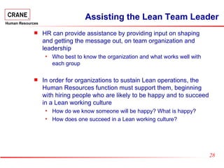 Assisting the Lean Team Leader <ul><li>HR can provide assistance by providing input on shaping and getting the message out...