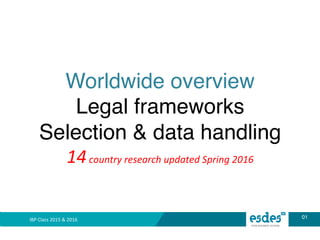 Worldwide overview!
Legal frameworks!
Selection & data handling!
14	
  country	
  research	
  updated	
  Spring	
  2016	
  
01	
  IBP	
  Class	
  2015	
  &	
  2016	
  
 