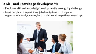 2-Skill and knowledge development: 
• Employee skill and knowledge development is an ongoing challenge. 
• Most people can expect their job descriptions to change as 
organizations realign strategies to maintain a competitive advantage 
 
