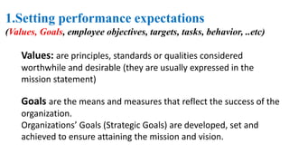 1.Setting performance expectations 
(Values, Goals, employee objectives, targets, tasks, behavior, ..etc) 
Values: are principles, standards or qualities considered 
worthwhile and desirable (they are usually expressed in the 
mission statement) 
Goals are the means and measures that reflect the success of the 
organization. 
Organizations’ Goals (Strategic Goals) are developed, set and 
achieved to ensure attaining the mission and vision. 
 