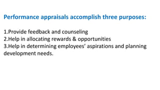 Performance appraisals accomplish three purposes: 
1.Provide feedback and counseling 
2.Help in allocating rewards & opportunities 
3.Help in determining employees’ aspirations and planning 
development needs. 
 