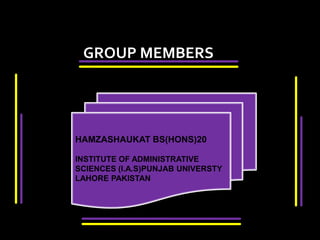 GROUP MEMBERSHAMZASHAUKAT BS(HONS)20INSTITUTE OF ADMINISTRATIVE SCIENCES (I.A.S)PUNJAB UNIVERSTY LAHORE PAKISTAN