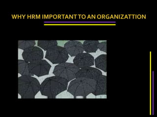 It's an essential part of every manager's responsibilities, but many organizations find it advantageous to establish a specialist division to provide an expert service dedicated to ensuring that the human resource function is performed efficiently.WHY HRM IMPORTANT TO AN ORGANIZATTION 