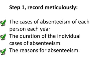 Step 1, record meticulously: The cases of absenteeism of each person each yearThe duration of the individual cases of absenteeismThe reasons for absenteeism.