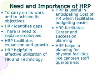 Need and Importance of HRP To carry on its work and to achieve its objectives HRP identifies gaps  There is need to replace employees HRP facilitates expansion and growth HRP helpful in effective utilization of  HR and Technology  HRP is useful in anticipating Cost of HR which facilitates budgeting easier HRP facilitates Career and succession planning HRP helps in planning for physical facilities like canteen staff quarters etc 