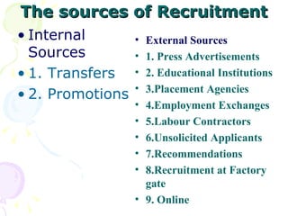 The sources of Recruitment Internal Sources 1. Transfers 2. Promotions External Sources 1. Press Advertisements 2. Educational Institutions 3.Placement Agencies 4.Employment Exchanges 5.Labour Contractors 6.Unsolicited Applicants 7.Recommendations 8.Recruitment at Factory gate 9. Online 