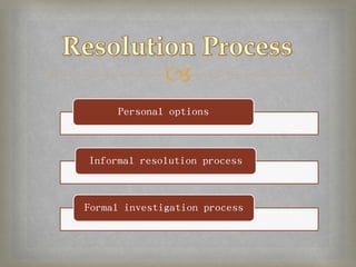 
     Personal options



Informal resolution process



Formal investigation process
 