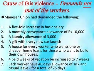 Cause of this violence - Demands not

met of the workers.

Manesar Union had demanded the following:
1.
2.
3.
4.
5.
6.
7.

A five-fold increase in basic salary
A monthly conveyance allowance of Rs 10,000
A laundry allowance of 3,000
A gift with every new car launch
A house for every worker who wants one or
cheaper home loans for those who want to build
their own houses.
4 paid weeks of vacation be increased to 7 weeks
Each worker have 40 days allowance of sick and
casual leave - for a total of 75 days.

 