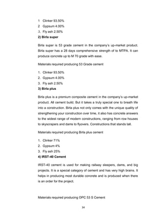 34
1 Clinker 93.50%
2 Gypsum 4.00%
3. Fly ash 2.50%
2) Birla super
Birla super is 53 grade cement in the company‟s up-market product.
Birla super has a 28 days comprehensive strength of to MTPA. It can
produce concrete up to M 70 grade with ease.
Materials required producing 53 Grade cement
1. Clinker 93.50%
2. Gypsum 4.00%
3. Fly ash 2.50%
3) Birla plus
Birla plus is a premium composite cement in the company‟s up-market
product. All cement build. But it takes a truly special one to breath life
into a construction. Birla plus not only comes with the unique quality of
strengthening your construction over time, it also has concrete answers
to the widest range of modern constructions, ranging from row houses
to skyscrapers and dams to flyovers. Constructions that stands tall.
Materials required producing Birla plus cement
1. Clinker 71%
2. Gypsum 4%
3. Fly ash 25%
4) IRST-40 Cement
IRST-40 cement is used for making railway sleepers, dams, and big
projects. It is a special category of cement and has very high brains. It
helps in producing most durable concrete and is produced when there
is an order for the project.
Materials required producing OPC 53 S Cement
 