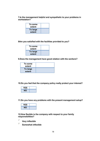 78
7.Is the management helpful and sympathetic to your problems in
workstation?
To some
extent
To large
extent
8Are you satisfied with the facilities provided to you?
To some
extent
To large
extent
9.Does the management have good relation with the workers?
To some
extent
To large
extent
10.Do you feel that the company policy really protect your interest?
YES
NO
11.Do you have any problems with the present management setup?
YES
NO
12.How flexible is the company with respect to your family
responsibilities?
Very inflexible
Somewhat inflexible
 
