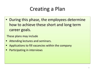 Creating a Plan 
• During this phase, the employees determine 
how to achieve these short and long term 
career goals. 
These plans may include 
 Attending lectures and seminars. 
 Applications to fill vacancies within the company 
 Participating in interviews 
9 
 