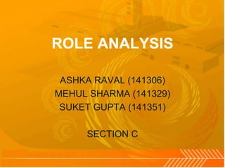 ROLE ANALYSIS
ASHKA RAVAL (141306)
MEHUL SHARMA (141329)
SUKET GUPTA (141351)
SECTION C
 