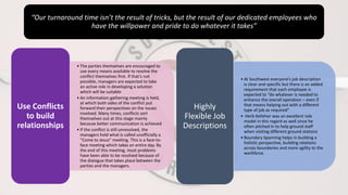 “Our turnaround time isn’t the result of tricks, but the result of our dedicated employees who
have the willpower and pride to do whatever it takes”
• The parties themselves are encouraged to
use every means available to resolve the
conflict themselves first. If that’s not
possible, managers are expected to take
an active role in developing a solution
which will be suitable
• An information gathering meeting is held,
at which both sides of the conflict put
forward their perspectives on the issues
involved. Many times, conflicts sort
themselves out at this stage mainly
because better communication is achieved
• If the conflict is still unresolved, the
managers hold what is called unofficially a
“Come to Jesus” meeting. This is a face-to-
face meeting which takes an entire day. By
the end of this meeting, most problems
have been able to be resolved because of
the dialogue that takes place between the
parties and the managers.
Use Conflicts
to build
relationships
• At Southwest everyone’s job description
is clear and specific but there is an added
requirement that each employee is
expected to “do whatever is needed to
enhance the overall operation – even if
that means helping out with a different
type of job as required”
• Herb Kelleher was an excellent role
model in this regard as well since he
often pitched in to help ground staff
when visiting different ground stations
• Boundary Spanning helps in building a
holistic perspective, building relations
across boundaries and more agility to the
workforce.
Highly
Flexible Job
Descriptions
 