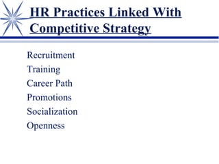 HR Practices Linked With
Competitive Strategy
Recruitment
Training
Career Path
Promotions
Socialization
Openness
 