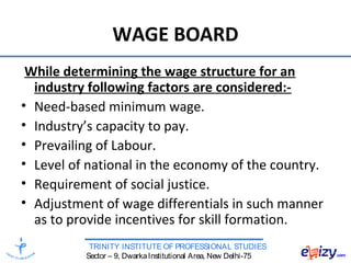 TRINITY INSTITUTE OF PROFESSIONAL STUDIES
Sector – 9, DwarkaInstitutional Area, New Delhi-75
WAGE BOARD
While determining the wage structure for an
industry following factors are considered:-
• Need-based minimum wage.
• Industry’s capacity to pay.
• Prevailing of Labour.
• Level of national in the economy of the country.
• Requirement of social justice.
• Adjustment of wage differentials in such manner
as to provide incentives for skill formation.
 