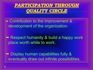 PARTICIPATION THROUGH
QUALITY CIRCLE
 Contribution to the improvement &
development of the organization.
 Respect humanity & build a happy work
place worth while to work.
 Display human capabilities fully &
eventually draw out infinite possibilities.
 