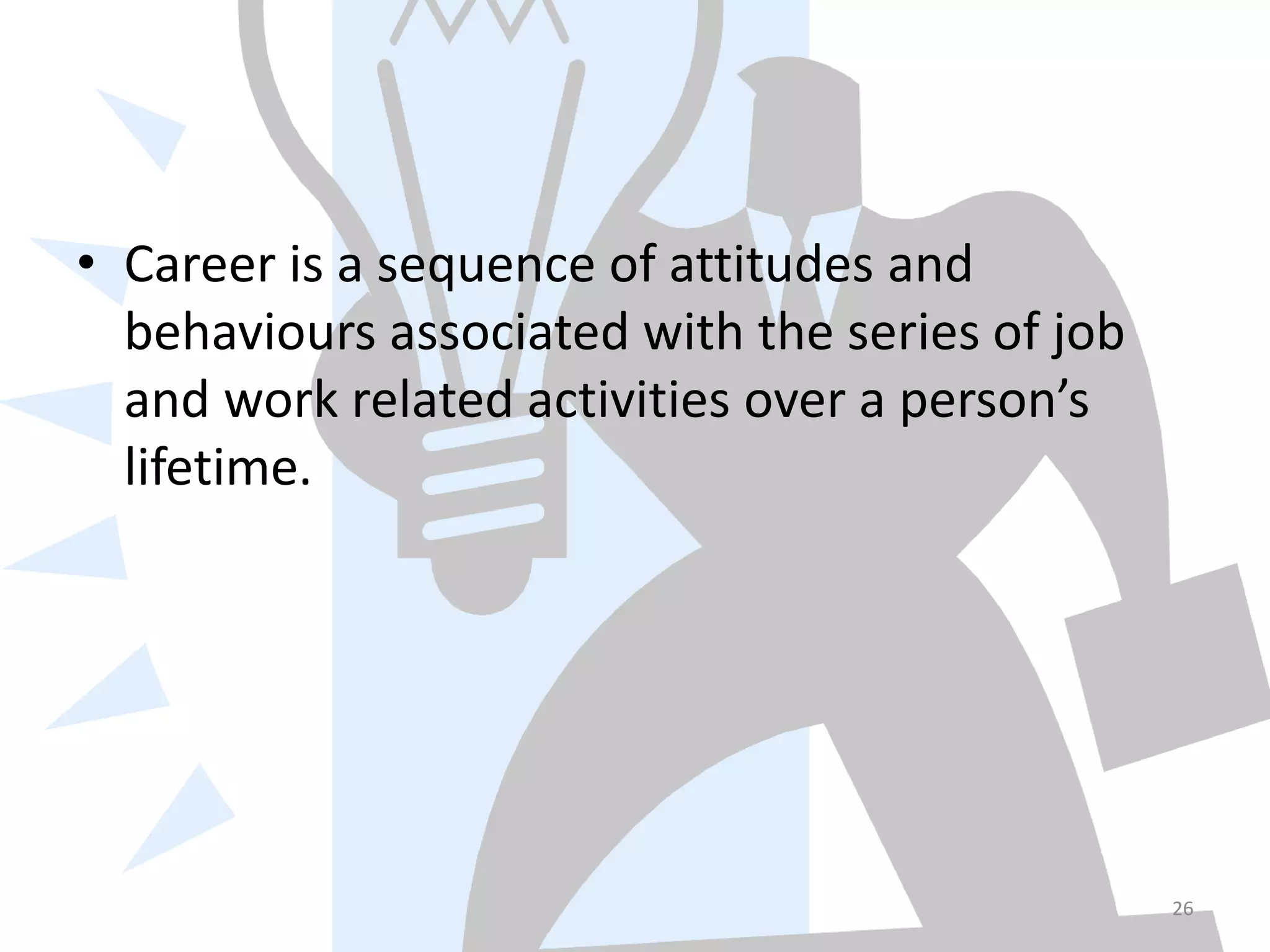 • Career is a sequence of attitudes and
behaviours associated with the series of job
and work related activities over a person’s
lifetime.
26
 