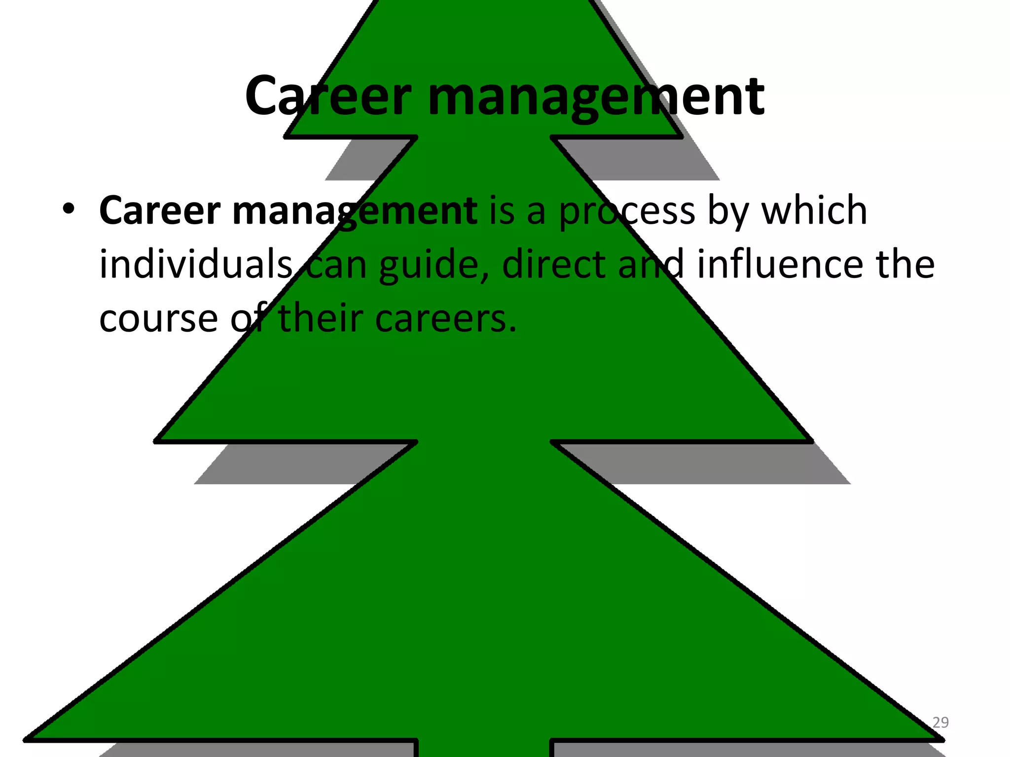 Career management
• Career management is a process by which
individuals can guide, direct and influence the
course of their careers.
29
 
