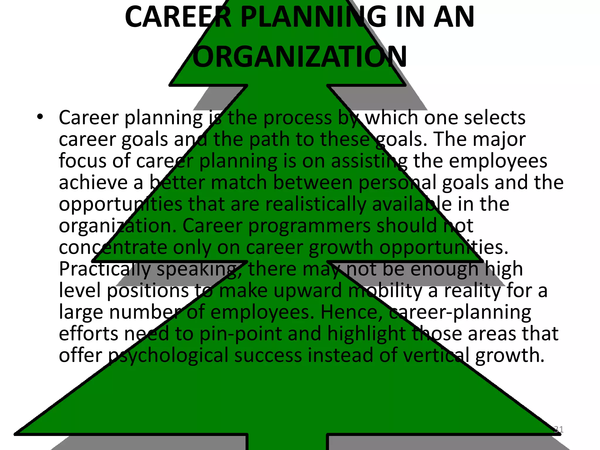 CAREER PLANNING IN AN
ORGANIZATION
• Career planning is the process by which one selects
career goals and the path to these goals. The major
focus of career planning is on assisting the employees
achieve a better match between personal goals and the
opportunities that are realistically available in the
organization. Career programmers should not
concentrate only on career growth opportunities.
Practically speaking, there may not be enough high
level positions to make upward mobility a reality for a
large number of employees. Hence, career-planning
efforts need to pin-point and highlight those areas that
offer psychological success instead of vertical growth.
31
 