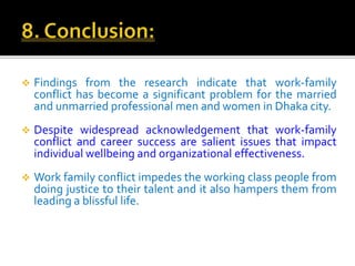  Findings from the research indicate that work-family
conflict has become a significant problem for the married
and unmarried professional men and women in Dhaka city.
 Despite widespread acknowledgement that work-family
conflict and career success are salient issues that impact
individual wellbeing and organizational effectiveness.
 Work family conflict impedes the working class people from
doing justice to their talent and it also hampers them from
leading a blissful life.
 