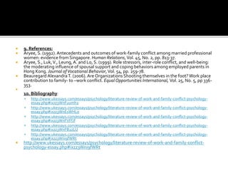  9. References:
 Aryee, S. (1992).Antecedents and outcomes of work-family conflict among married professional
women: evidence from Singapore. Human Relations,Vol. 45, No. 2, pp. 813-37.
 Aryee, S., Luk,V., Leung, A. and Lo, S. (1999). Role stressors, inter-role conflict, and well-being:
the moderating influence of spousal support and coping behaviors among employed parents in
Hong Kong. Journal ofVocational Behavior,Vol. 54, pp. 259-78.
 Beauregard AlexandraT. (2006). Are Organizations Shooting themselves in the foot?Work place
contribution to family- to –work conflict. Equal Opportunities International, Vol. 25, No. 5, pp 336-
353.

10. Bibliography:
 http://www.ukessays.com/essays/psychology/literature-review-of-work-and-family-conflict-psychology-
essay.php#ixzz3WnFuumh2
 http://www.ukessays.com/essays/psychology/literature-review-of-work-and-family-conflict-psychology-
essay.php#ixzz3WnEsWHLo
 http://www.ukessays.com/essays/psychology/literature-review-of-work-and-family-conflict-psychology-
essay.php#ixzz3WnFVFfJf
 http://www.ukessays.com/essays/psychology/literature-review-of-work-and-family-conflict-psychology-
essay.php#ixzz3WnFB2zLU
 http://www.ukessays.com/essays/psychology/literature-review-of-work-and-family-conflict-psychology-
essay.php#ixzz3Wni9fWRt
 http://www.ukessays.com/essays/psychology/literature-review-of-work-and-family-conflict-
psychology-essay.php#ixzz3Wni9fWRt
 