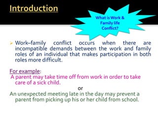  Work–family conflict occurs when there are
incompatible demands between the work and family
roles of an individual that makes participation in both
roles more difficult.
For example:
A parent may take time off from work in order to take
care of a sick child.
or
An unexpected meeting late in the day may prevent a
parent from picking up his or her child from school.
What is Work &
Family life
Conflict?
 