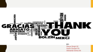 BY-
Aarya Singh 02
Subin Suresh 53
Abhishek Sinha 64
 