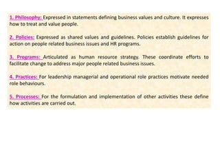 1. Philosophy: Expressed in statements defining business values and culture. It expresses
how to treat and value people.
2. Policies: Expressed as shared values and guidelines. Policies establish guidelines for
action on people related business issues and HR programs.
3. Programs: Articulated as human resource strategy. These coordinate efforts to
facilitate change to address major people related business issues.
4. Practices: For leadership managerial and operational role practices motivate needed
role behaviours.
5. Processes: For the formulation and implementation of other activities these define
how activities are carried out.
 