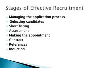  Managing the application process
 Selecting candidates
 Short listing
 Assessment
 Making the appointment
 Contract
 References
 Induction
 