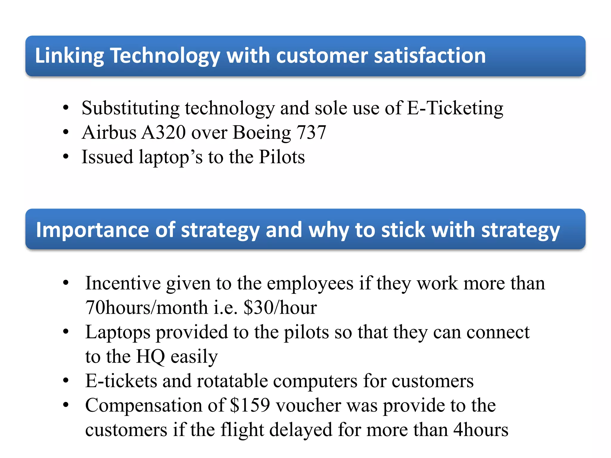 Linking Technology with customer satisfaction
• Substituting technology and sole use of E-Ticketing
• Airbus A320 over Boeing 737
• Issued laptop’s to the Pilots
Importance of strategy and why to stick with strategy
• Incentive given to the employees if they work more than
70hours/month i.e. $30/hour
• Laptops provided to the pilots so that they can connect
to the HQ easily
• E-tickets and rotatable computers for customers
• Compensation of $159 voucher was provide to the
customers if the flight delayed for more than 4hours
 