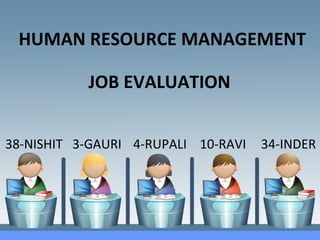 JOB EVALUATION
HUMAN RESOURCE MANAGEMENT
38-NISHIT 3-GAURI 4-RUPALI 10-RAVI 34-INDER
 