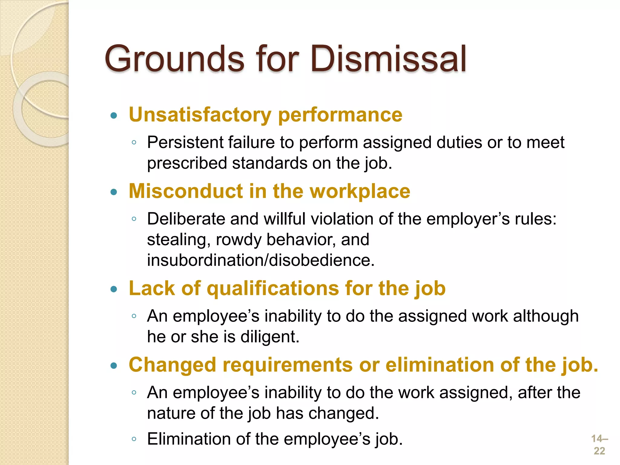Grounds for Dismissal
 Unsatisfactory performance
◦ Persistent failure to perform assigned duties or to meet
prescribed standards on the job.
 Misconduct in the workplace
◦ Deliberate and willful violation of the employer’s rules:
stealing, rowdy behavior, and
insubordination/disobedience.
 Lack of qualifications for the job
◦ An employee’s inability to do the assigned work although
he or she is diligent.
 Changed requirements or elimination of the job.
◦ An employee’s inability to do the work assigned, after the
nature of the job has changed.
◦ Elimination of the employee’s job. 14–
22
 
