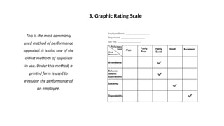 3. Graphic Rating Scale
This is the most commonly
used method of performance
appraisal. It is also one of the
oldest methods of appraisal
in use. Under this method, a
printed form is used to
evaluate the performance of
an employee.
 