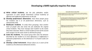a) Write critical incidents. Ask the jobs jobholders and/or
supervisors to write specific illustrations (critical incidents) of
effective and ineffective performance on the job.
b) Develop performance dimensions. Have these people group
the incidents into 5 or 10 performance dimensions, such as
salesmanship skills.
c) Reallocate incidents. To verify these groupings, have another
team of people who also know the job reallocate the original
critical incidents. They must reassign each incident to the cluster
they think it fits best. Retain a critical incident if most of this second
team assigns it to the same cluster as did the first group.
d) Scale the incidents. This second group then rates the behavior
described by the incident as to how effectively or ineffectively it
represents performance on the dimension (7- to 9-point scales are
typical).
e) Develop a final instrument. Choose about six or seven of the
incidents as the dimensions behavioral anchors.
Developing a BARS typically requires five steps
 