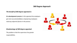 The benefit of 360 degree appraisal is-
It is development concern: In this appraisal the employers
get more accurate feedback, empowering employees
reducing subjective factors in the process.
Disadvantage of 360 degree appraisal-
The problem is that the supervisors has greater
responsibilities.
360 Degree Approach
 